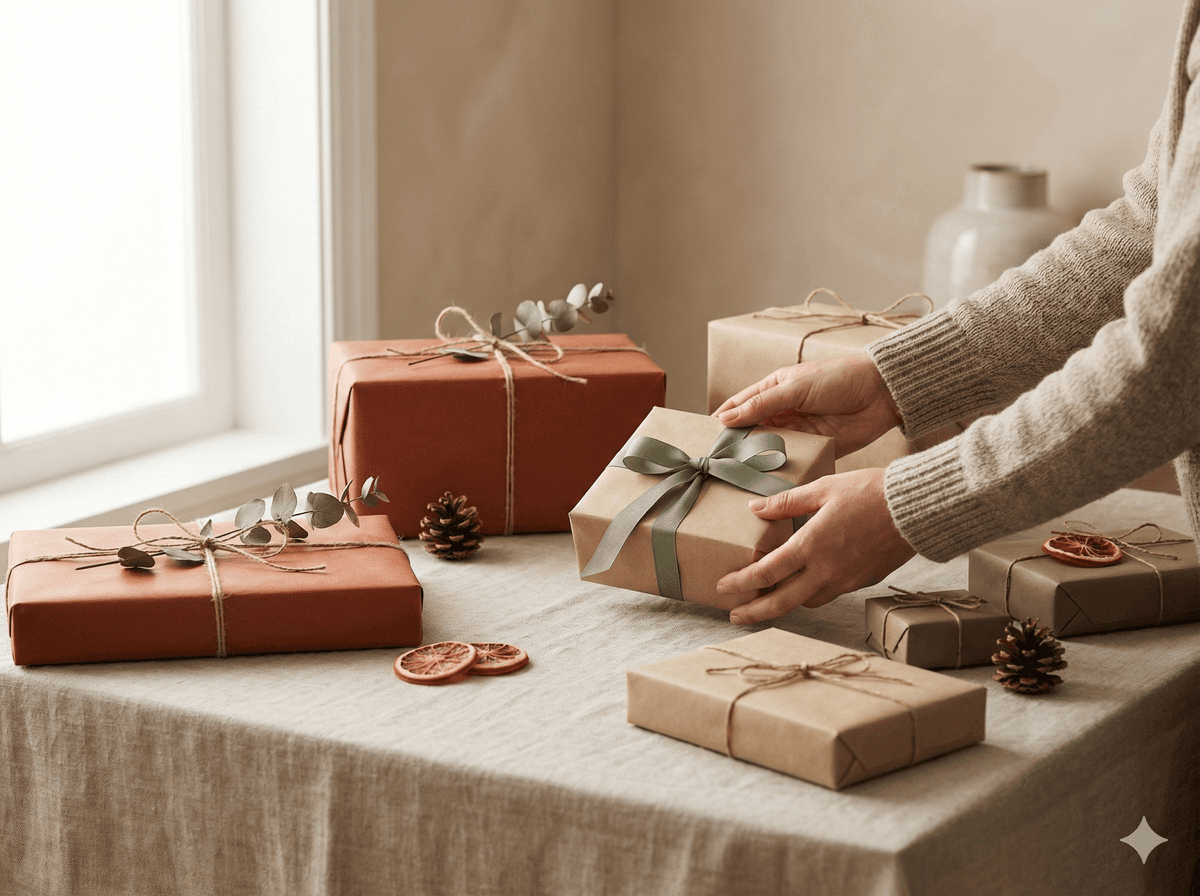 Elegantly wrapped gifts with natural kraft paper and terracotta ribbons